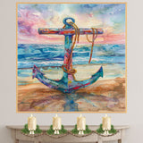 Watercolor Painting of a Multicolored Anchor on Beach with Ocean Waves and Colorful Sunset Sky | Nautical Coastal Wall Art on Ready to Hang 1.5" Thick Canvas Wrap, Floating Framed Canvas, Flat Rolled Canvas