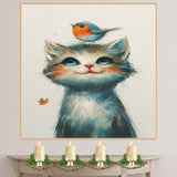 Charming Painting of a Kitten with Bright Blue Eyes and a Robin on Its Head Perfect for Whimsical Animal Decor or Unique Gifts for Cat and Bird Lovers on Ready to Hang 1.5" Thick Canvas Wrap, Floating Framed Canvas, Flat Rolled Canvas