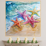 Colorful Watercolor Painting of Starfish on a Sandy Shoreline with Ocean Waves on Ready to Hang 1.5" Thick Canvas Wrap, Floating Framed Canvas, Flat Rolled Canvas