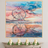 Watercolor Painting of a Ferris Wheel on a Beach Pier with Sunset Reflections in Ocean Water and Pastel Sky Tones on Ready to Hang 1.5" Thick Canvas Wrap, Floating Framed Canvas, Flat Rolled Canvas