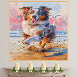 Watercolor Painting of a Happy Fluffy Dog Running on the Beach with Ocean Waves and Vibrant Pink Blue Sunset Sky on Ready to Hang 1.5" Thick Canvas Wrap, Floating Framed Canvas, Flat Rolled Canvas