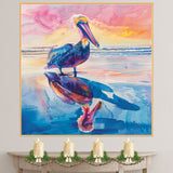Colorful Pelican Watercolor Painting with Ocean Sunset and Reflected Shoreline View on Ready to Hang 1.5" Thick Canvas Wrap, Floating Framed Canvas, Flat Rolled Canvas