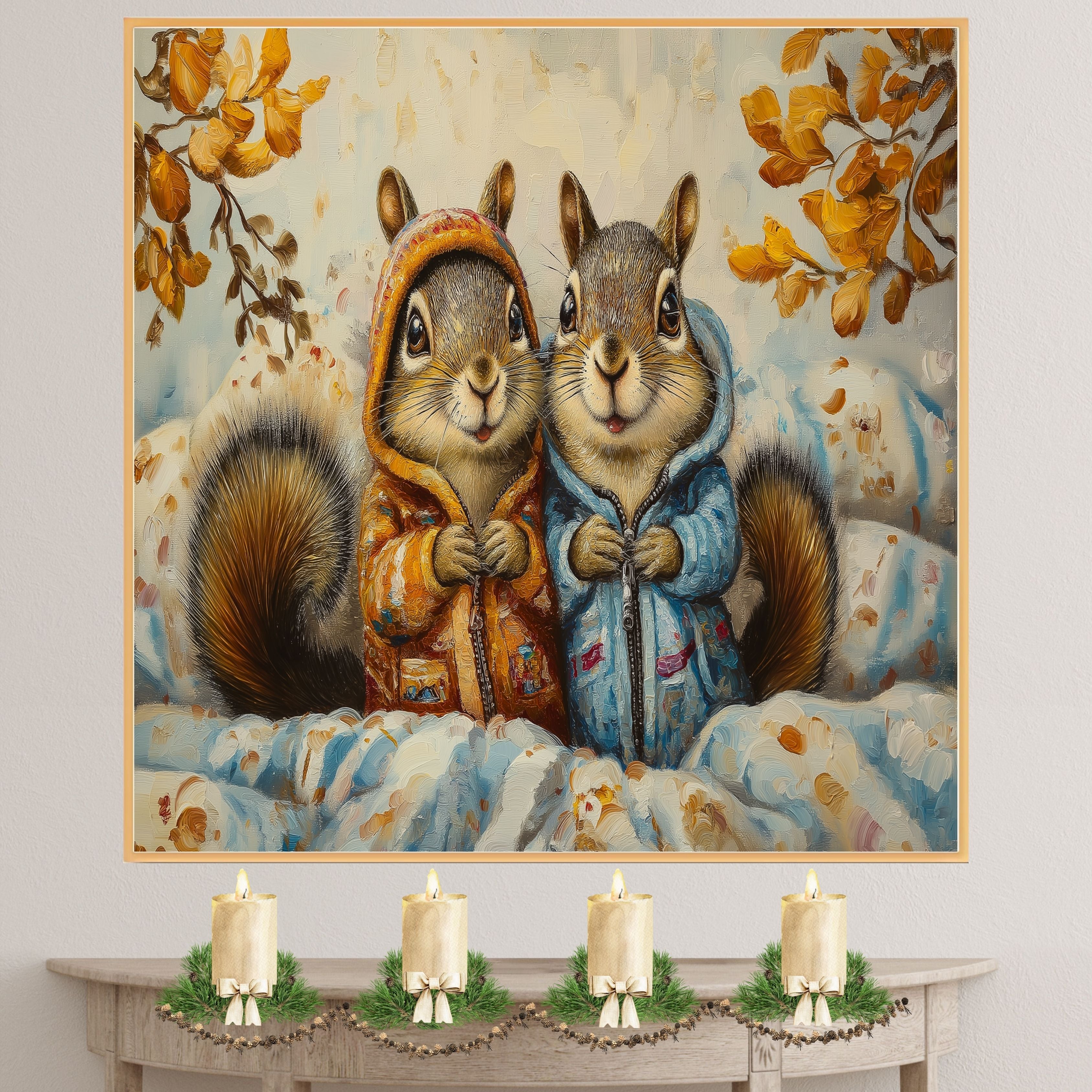 Charming Painting of Two Squirrels in Colorful Hoodies Sitting in a Cozy Autumn Setting Surrounded by Blankets and Golden Leaves with Whimsical Expressions on Ready to Hang 1.5" Thick Canvas Wrap, Floating Framed Canvas, Flat Rolled Canvas