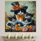Springtime Surprise: Tuxedo Cat Mom Carrying Three Kittens with Easter Eggs on Ready to Hang 1.5" Thick Canvas Wrap, Floating Framed Canvas, Flat Rolled Canvas