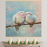 Elegant Lovebirds Perched on a Branch with Soft Blue and Pink Pastel Background on Ready to Hang 1.5" Thick Canvas Wrap, Floating Framed Canvas, Flat Rolled Canvas