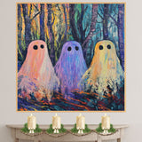 Three Colorful Ghosts in a Vibrant Abstract Forest, Spooky Yet Playful Halloween-Inspired Scene with Bold Brushstrokes and Bright Neon Paint Textures on Ready to Hang 1.5" Thick Canvas Wrap, Floating Framed Canvas, Flat Rolled Canvas