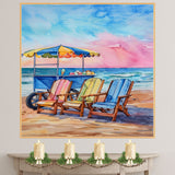 Watercolor Painting of an Ice Cream Cart and Colorful Chairs on the Beach on Ready to Hang 1.5" Thick Canvas Wrap, Floating Framed Canvas, Flat Rolled Canvas