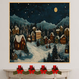 Christmas Folk Art Village at Night with Snowy Houses, Pine Trees, Twinkling Lights, and a Glowing Full Moon on Ready to Hang 1.5" Thick Canvas Wrap, Floating Framed Canvas, Flat Rolled Canvas