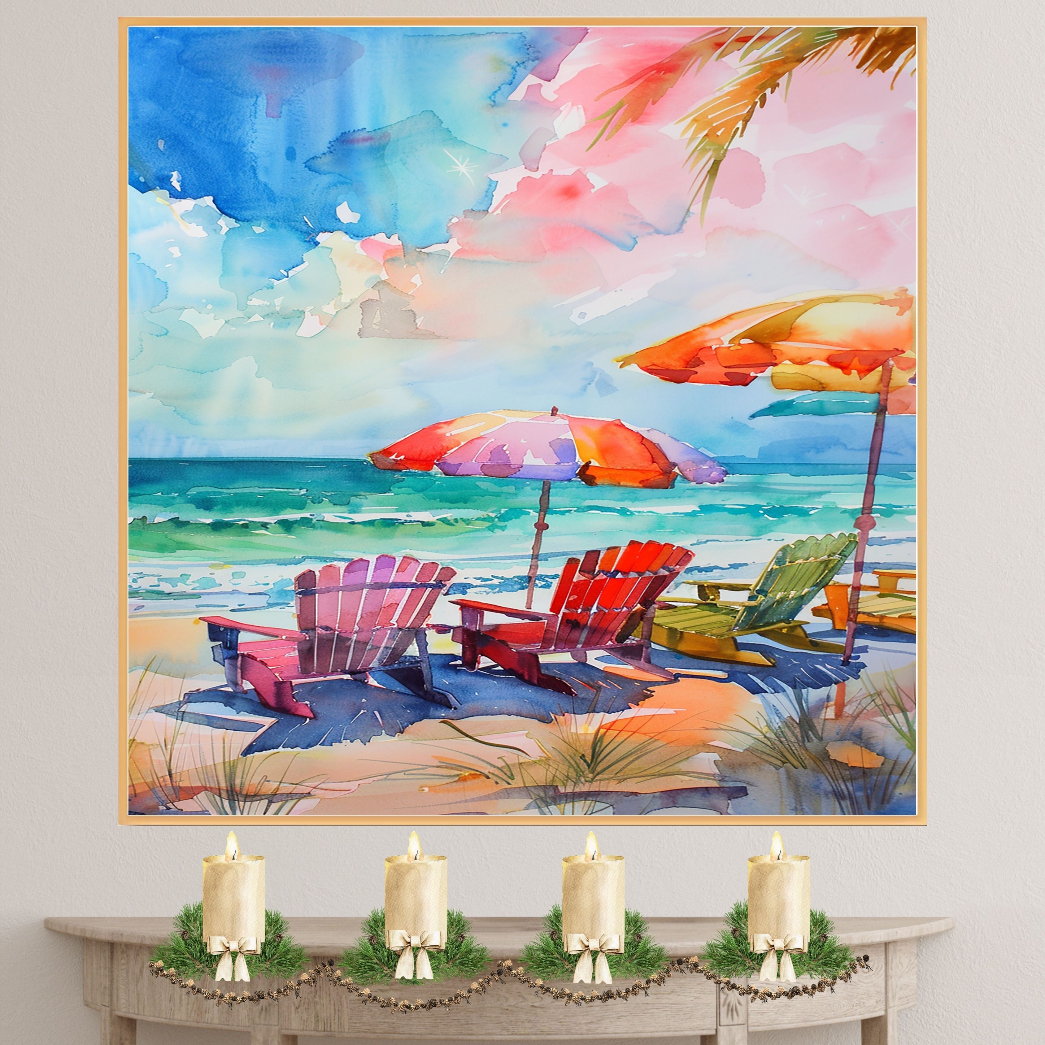 Colorful Watercolor Beach Chairs & Umbrellas – Oceanfront Coastal Art Print on Ready to Hang 1.5" Thick Canvas Wrap, Floating Framed Canvas, Flat Rolled Canvas