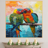 Colorful Parrot Pair Artwork Featuring Tropical Birds with Vibrant Feathers in Red Blue Green and Yellow Sitting Close Together on a Branch with Bold Abstract Backdrop on Ready to Hang 1.5" Thick Canvas Wrap, Floating Framed Canvas, Flat Rolled Canvas