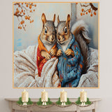 Heartwarming Painting of Two Squirrels in Colorful Knitted Sweaters Snuggled Together in Cozy Blankets Under Autumn Branches with Gentle Expressions on Ready to Hang 1.5" Thick Canvas Wrap, Floating Framed Canvas, Flat Rolled Canvas