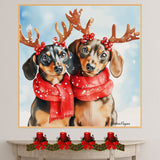 Wiener Christmas Canvas  - "Winter Pawsitivity" - Cute Dachshund with Antlers in a Snowy Scene on Ready to Hang 1.5" Thick Canvas Wrap, Floating Framed Canvas, Flat Rolled Canvas