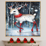 Whimsical Christmas Deer Ice Skating Winter Forest Illustration Red Scarf and Antlers Festive Animal Art Print for Holiday Decor Kids Room or Nursery on Ready to Hang 1.5" Thick Canvas Wrap, Floating Framed Canvas, Flat Rolled Canvas