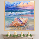 Watercolor Painting of a Multicolored Seashell on the Beach with Ocean Waves and Vibrant Sunset Sky in Coastal Style on Ready to Hang 1.5" Thick Canvas Wrap, Floating Framed Canvas, Flat Rolled Canvas