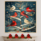 Retro Style Painting of Red and Cream Cardinals in a Snowy Tree with Golden Ornaments and Holly Accents Perfect for Christmas Decor or Winter Bird Lovers on Ready to Hang 1.5" Thick Canvas Wrap, Floating Framed Canvas, Flat Rolled Canvas