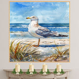 Watercolor Painting of a Seagull Standing on a Sandy Beach by the Ocean on Ready to Hang 1.5" Thick Canvas Wrap, Floating Framed Canvas, Flat Rolled Canvas