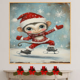 Whimsical Christmas Monkey Ice Skating in Festive Red Outfit and Santa Hat – Cheerful Holiday Animal Art for Winter Nursery Decor, Gifting, and Seasonal Joy on Ready to Hang 1.5" Thick Canvas Wrap, Floating Framed Canvas, Flat Rolled Canvas
