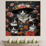 Victorian Elegance: Tuxedo Cat Mom and Kittens Surrounded by Spring Blooms on Ready to Hang 1.5" Thick Canvas Wrap, Floating Framed Canvas, Flat Rolled Canvas