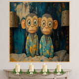 Whimsical Painting of Two Monkeys in Blue Floral Pajamas Sitting on a Bed Between Lamps with Playful Expressions and a Dark Teal Abstract Background on Ready to Hang 1.5" Thick Canvas Wrap, Floating Framed Canvas, Flat Rolled Canvas