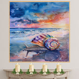 Watercolor Painting of a Multicolored Snail with Spiral Shell Crawling on Beach at Sunset with Ocean and Dramatic Sky on Ready to Hang 1.5" Thick Canvas Wrap, Floating Framed Canvas, Flat Rolled Canvas