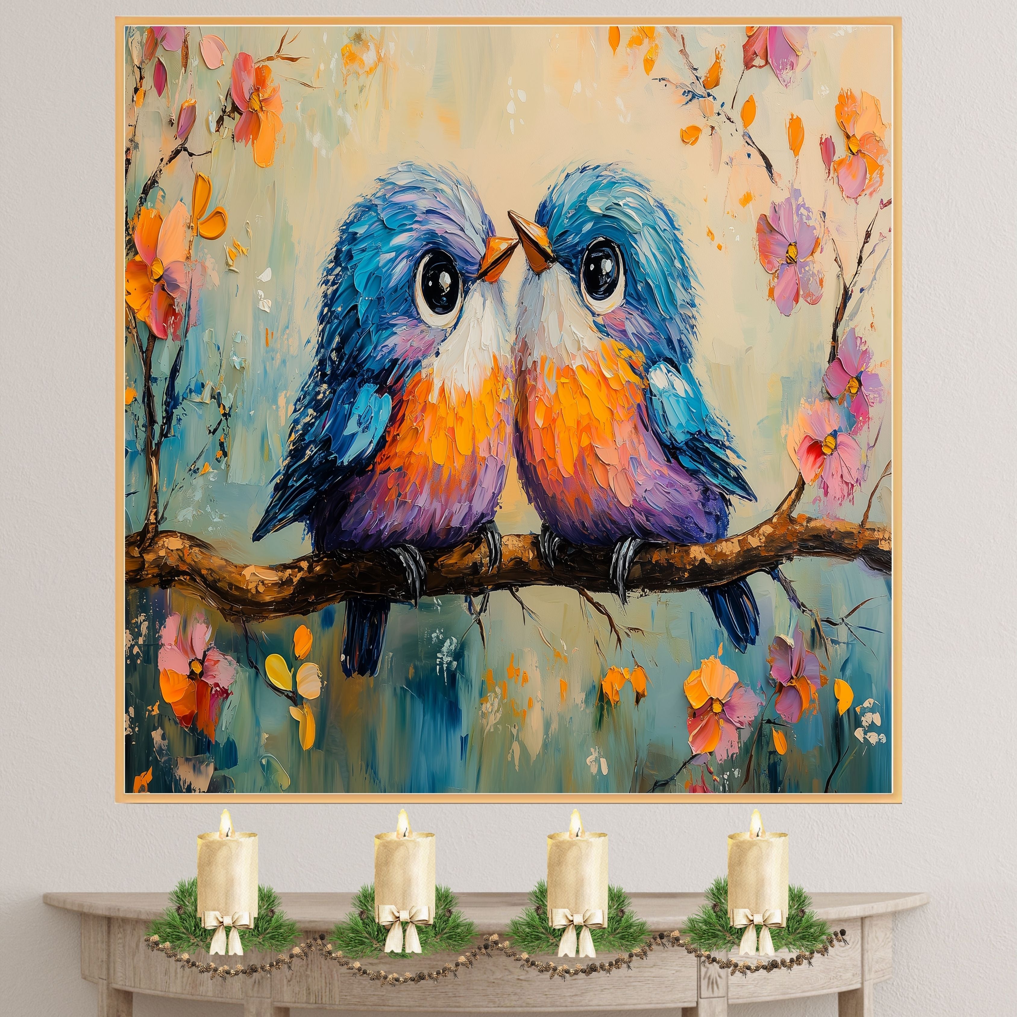 Painting of Two Cute Plump Birds Sitting Close Together on a Blossom Covered Branch with Bright Feathers Big Eyes and a Playful Springtime Background on Ready to Hang 1.5" Thick Canvas Wrap, Floating Framed Canvas, Flat Rolled Canvas