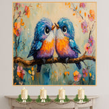 Painting of Two Cute Plump Birds Sitting Close Together on a Blossom Covered Branch with Bright Feathers Big Eyes and a Playful Springtime Background on Ready to Hang 1.5" Thick Canvas Wrap, Floating Framed Canvas, Flat Rolled Canvas