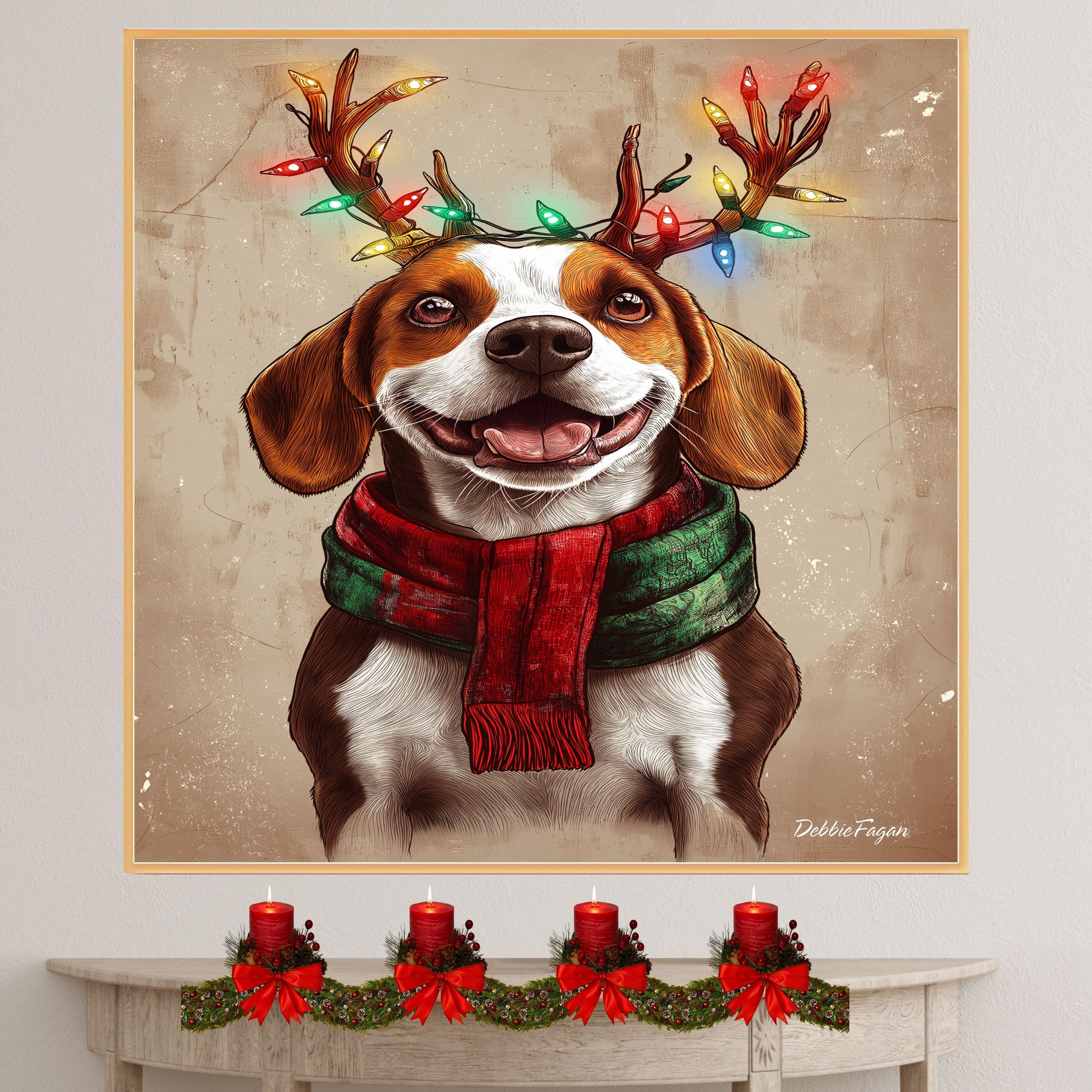 Beagle Holiday Joy - 'Rustic Reindeer' - Beagle Dog with Lighted Antlers & Cozy Scarf on Rustic Background, Ready to Hang 1.5" Thick Canvas Wrap, Floating Framed Canvas, Flat Rolled Canvas