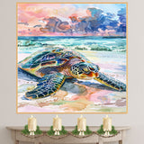 Watercolor Sea Turtle on Shore with Ocean Waves and Sunset Sky in Coastal Marine Life Painting for Beach Lovers on Ready to Hang 1.5" Thick Canvas Wrap, Floating Framed Canvas, Flat Rolled Canvas