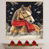 "Frosted Grace Horse" - Horse in Red Scarf Standing in Snowy Winter Scene on Ready to Hang 1.5" Thick Canvas Wrap, Floating Framed Canvas, Flat Rolled Canvas