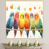 Watercolor Painting of Colorful Lovebirds on a Rope with Heart Accents — Vibrant Rainbow Birds Illustration in Playful and Whimsical Style on Ready to Hang 1.5" Thick Canvas Wrap, Floating Framed Canvas, Flat Rolled Canvas