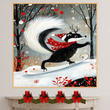 Whimsical Christmas Skunk Ice Skating – Red Scarf, Santa Hat & Twig Antlers Animal Art Print, Woodland Holiday Wall Decor, Winter Nursery Illustration on Ready to Hang 1.5" Thick Canvas Wrap, Floating Framed Canvas, Flat Rolled Canvas