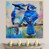 Blue Jays Perched on Pastel Branch in Gentle Nature Scene for Bird Enthusiasts Bright Wildlife Art for Home Accents Living Room or Birdwatcher Gifts on Ready to Hang 1.5" Thick Canvas Wrap, Floating Framed Canvas, Flat Rolled Canvas