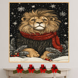 "Snow King Lion" - Lion in Red Scarf Posing in Winter Snow on Ready to Hang 1.5" Thick Canvas Wrap, Floating Framed Canvas, Flat Rolled Canvas