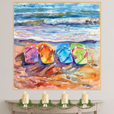 Colorful Flip Flops on a Sunset Beach with Ocean Waves and Reflections in Watercolor Coastal Summer Art on Ready to Hang 1.5" Thick Canvas Wrap, Floating Framed Canvas, Flat Rolled Canvas