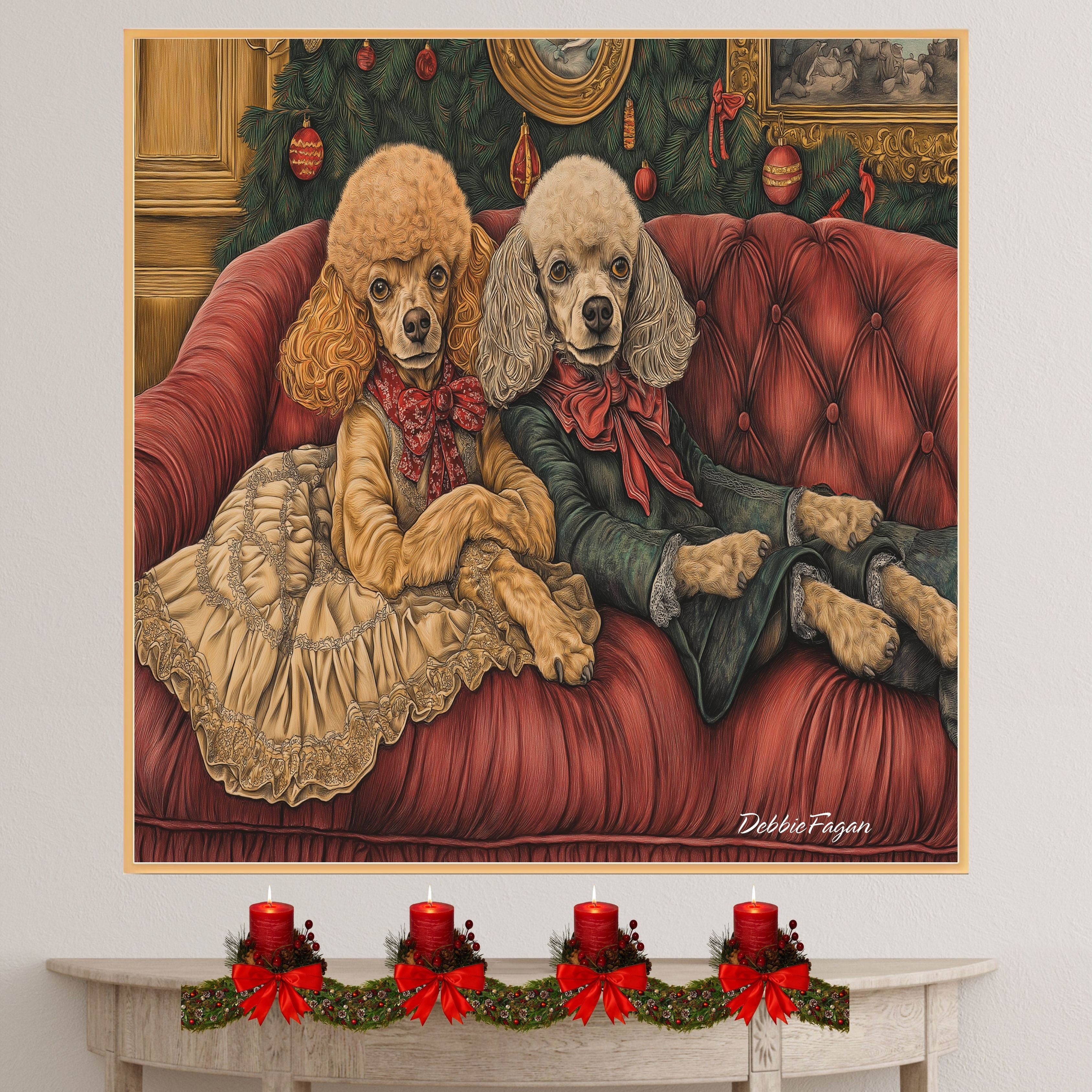 Dog Christmas Canvas  - "Poodle Pampering" - Elegant Poodles Lounging on a Vintage Red Ornate Sofa on Ready to Hang 1.5" Thick Canvas Wrap, Floating Framed Canvas, Flat Rolled Canvas