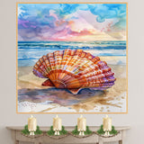 Watercolor Painting of a Multicolored Scallop Shell on the Beach with Ocean Waves and Sunset Sky in Coastal Nature Style on Ready to Hang 1.5" Thick Canvas Wrap, Floating Framed Canvas, Flat Rolled Canvas