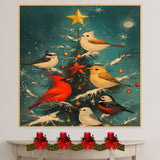 Retro Style Painting of Birds Decorating a Snowy Christmas Tree with Ornaments and a Star Perfect for Holiday Home Accents or Winter Animal Lovers on Ready to Hang 1.5" Thick Canvas Wrap, Floating Framed Canvas, Flat Rolled Canvas