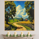 Winding Country Road with Barn and Fields Under Blue Sky – Sunny Summer Folk Art Landscape Print on Ready to Hang 1.5" Thick Canvas Wrap, Floating Framed Canvas, Flat Rolled Canvas