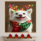 Frosty Festivities' - American Eskimo Dog with Twinkling Antlers & Cozy Scarf on Rustic Background, Ready to Hang 1.5" Thick Canvas Wrap, Floating Framed Canvas, Flat Rolled Canvas