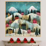 Christmas Village in Snowy Hills with Colorful Homes, Pine Trees, and Falling Snowflakes in Whimsical Folk Art on Ready to Hang 1.5" Thick Canvas Wrap, Floating Framed Canvas, Flat Rolled Canvas