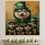 Lucky Paws: Siberian Husky with Adorable Puppies Dressed in St. Patrick's Day Outfits on Ready to Hang 1.5" Thick Canvas Wrap, Floating Framed Canvas, Flat Rolled Canvas