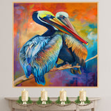 Radiant Pelican Pair Artwork with Bold Blue and Orange Plumage Perched on a Branch Against a Sunset-Inspired Abstract Background in Warm Tropical Hues on Ready to Hang 1.5" Thick Canvas Wrap, Floating Framed Canvas, Flat Rolled Canvas
