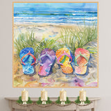 Four Colorful Flip Flops in Beach Grass by Ocean Shore in Vibrant Watercolor Summer Coastal Illustration on Ready to Hang 1.5" Thick Canvas Wrap, Floating Framed Canvas, Flat Rolled Canvas