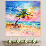 Watercolor Artwork of a Palm Tree on a Colorful Beach with Ocean Waves and Sunset Sky in Vibrant Tropical Hues on Ready to Hang 1.5" Thick Canvas Wrap, Floating Framed Canvas, Flat Rolled Canvas