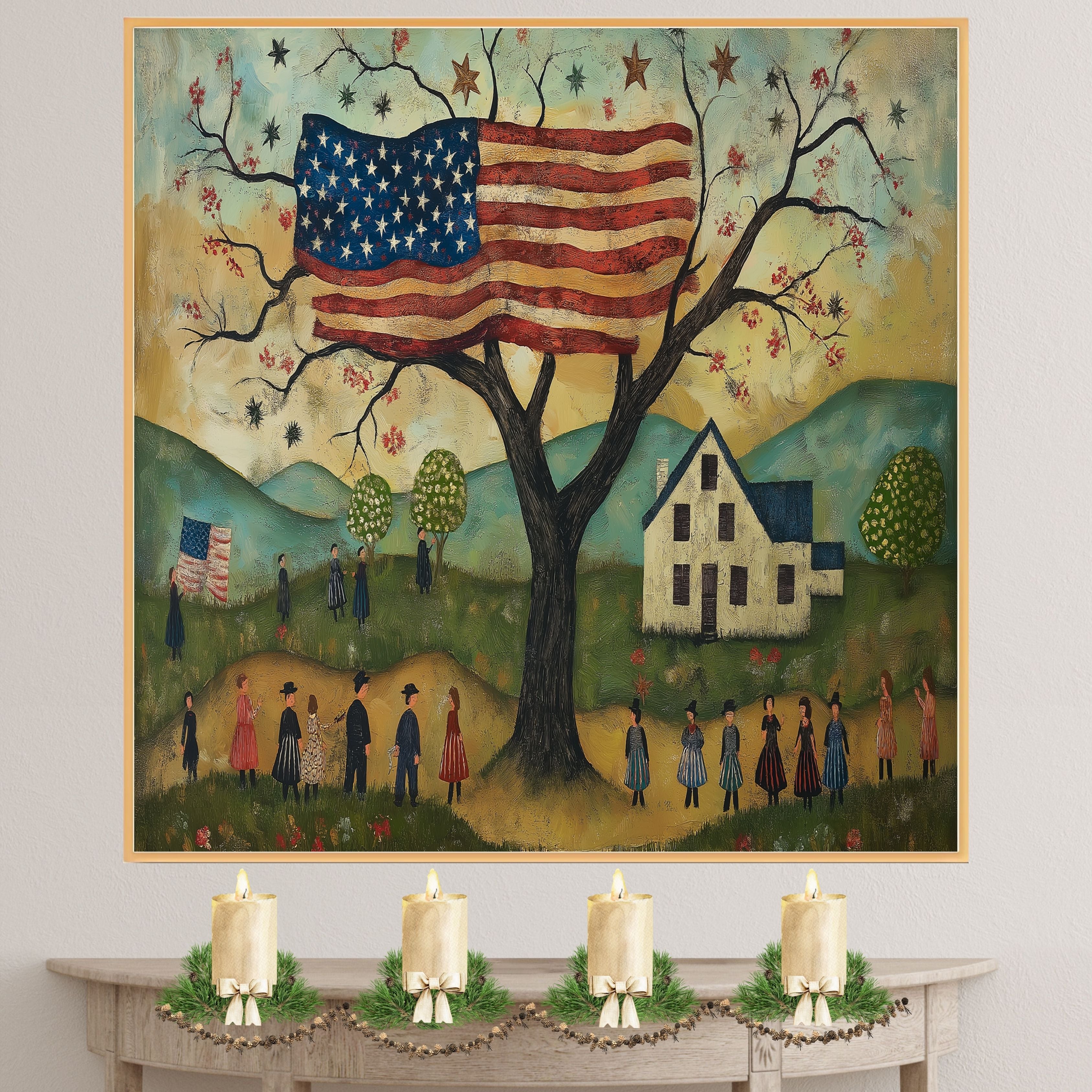 Charming Folk Art Scene of 4th of July Celebration with American Flag Tree, Village Parade, and Country Landscape in a Whimsical Patriotic Americana Style on Ready to Hang 1.5" Thick Canvas Wrap, Floating Framed Canvas, Flat Rolled Canvas