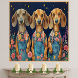 Three Adorable Dachshund Dogs in Floral Overalls Under a Starry Sky Fun and Whimsical Dog Artwork for Living Room Nursery or Pet Lover Gift Decor on Ready to Hang 1.5" Thick Canvas Wrap, Floating Framed Canvas, Flat Rolled Canvas