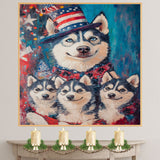 Patriotic Pups: Siberian Husky with Adorable Puppies Dressed in 4th of July Outfits on Ready to Hang 1.5" Thick Canvas Wrap, Floating Framed Canvas, Flat Rolled Canvas