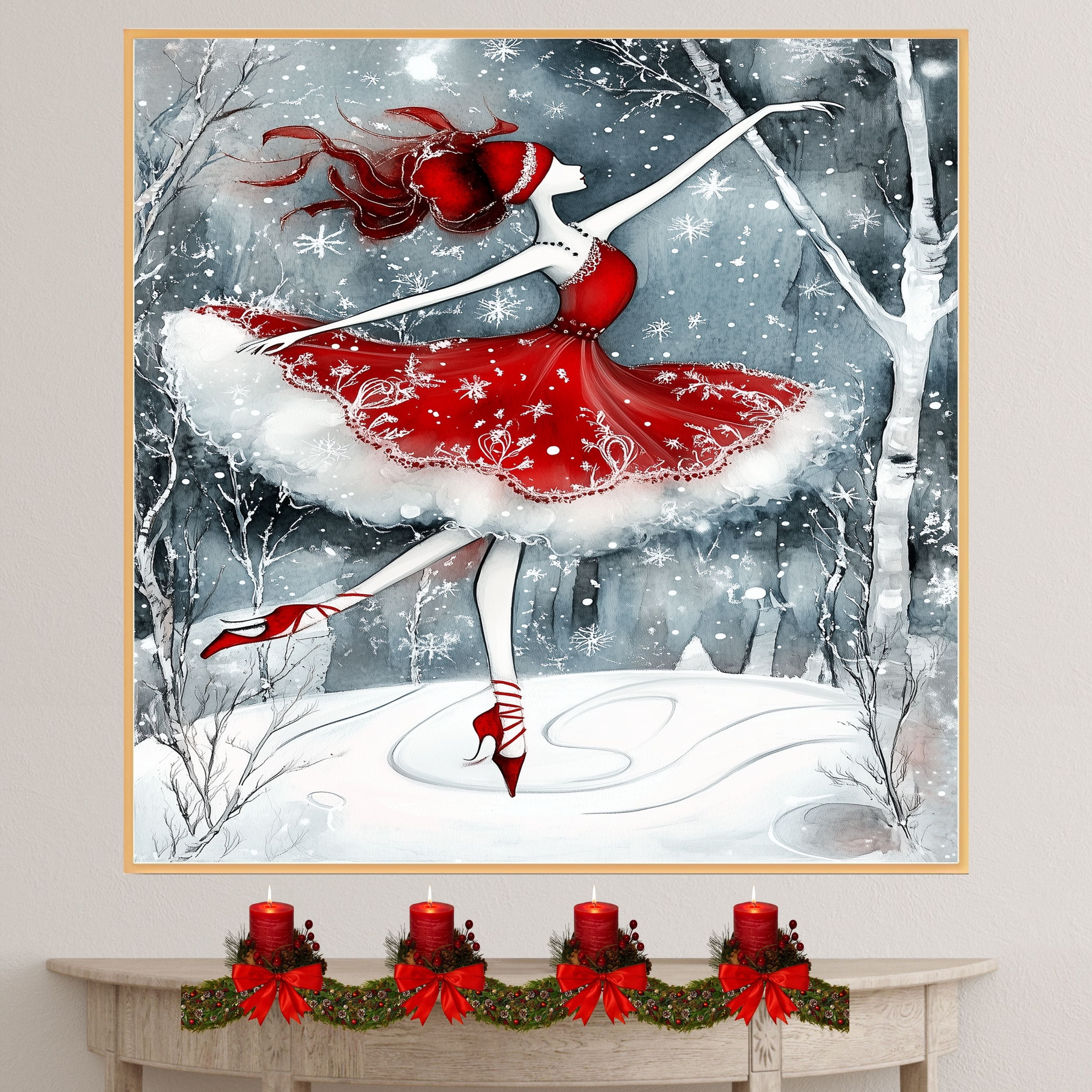 Christmas Wall Art Featuring Whimsical Ballerina in Red Skating in Snowy Forest Enchanting Holiday Artwork for Winter Decor Ballet Fans and Seasonal Elegance on Ready to Hang 1.5" Thick Canvas Wrap, Floating Framed Canvas, Flat Rolled Canvas