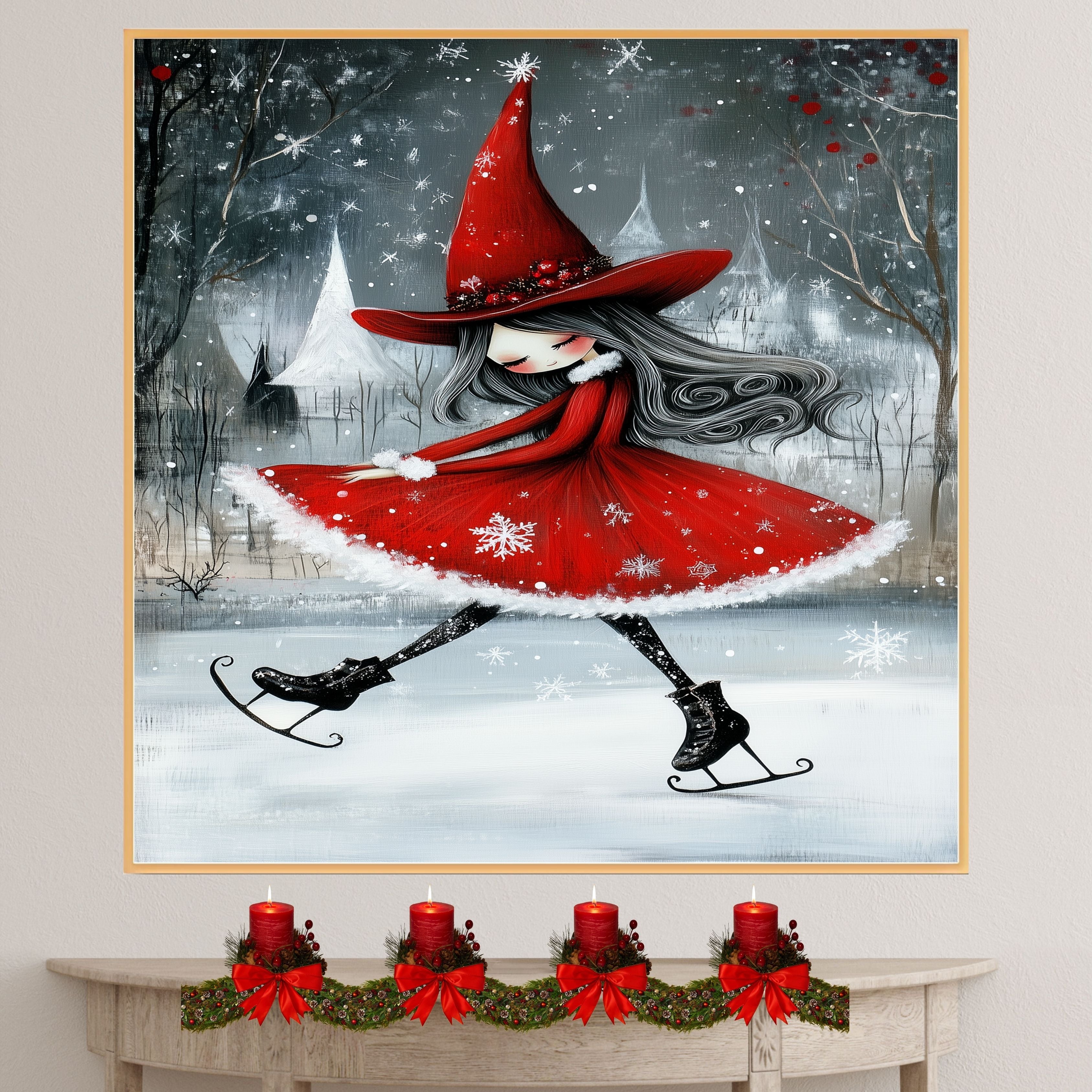 Whimsical Christmas Witch Ice Skating Art Print – Red Holiday Dress, Gothic Winter Magic Illustration, Enchanted Seasonal Wall Decor for Wiccan or Fairycore Vibes on Ready to Hang 1.5" Thick Canvas Wrap, Floating Framed Canvas, Flat Rolled Canvas