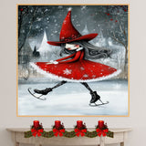 Whimsical Christmas Witch Ice Skating Art Print – Red Holiday Dress, Gothic Winter Magic Illustration, Enchanted Seasonal Wall Decor for Wiccan or Fairycore Vibes on Ready to Hang 1.5" Thick Canvas Wrap, Floating Framed Canvas, Flat Rolled Canvas